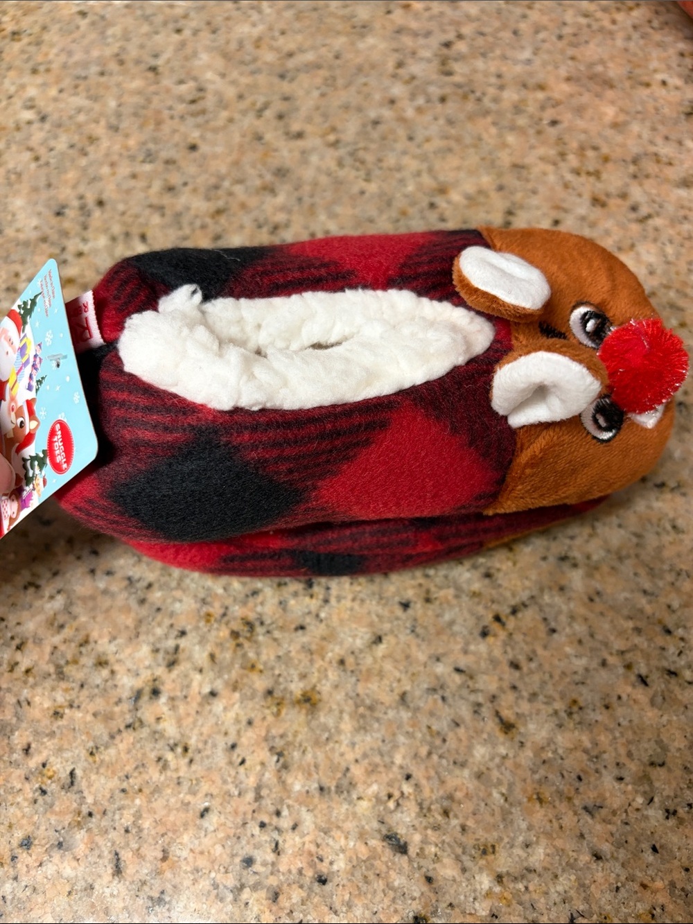 Kids Plush Rudolph the Red Nose Reindeer Slippers - Red Plaid
